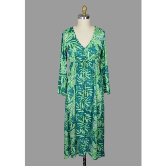 HONOLUA SURF CO. TROPICAL LEAVES PRINT SILKY GREEN MAXI DRESS - Picture 1 of 9